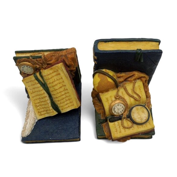 BOOKEND SET Artisan Flair Green and Cream Books Timepieces Design - Picture 6 of 10